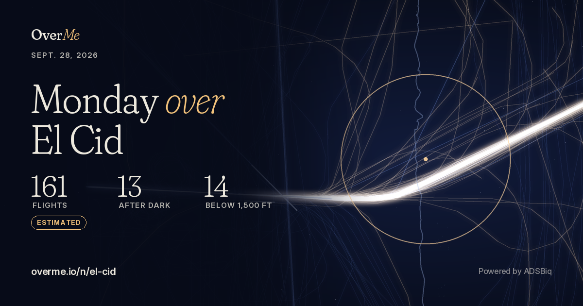 Share card: Monday over El Cid, 161 flights, 13 after dark, 14 below 1,500 feet (estimated)
