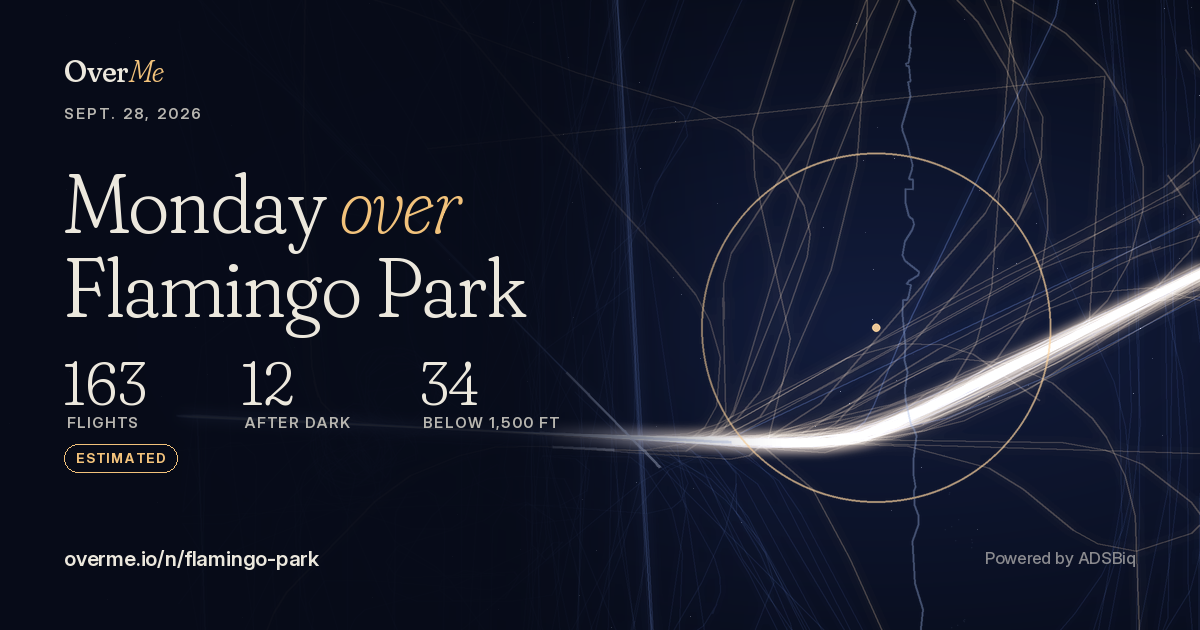 Share card: Monday over Flamingo Park, 163 flights, 12 after dark, 34 below 1,500 feet (estimated)